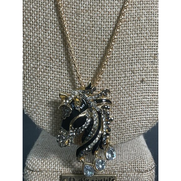 Crystal Horse Zebra Pendant Necklace Brooch Rhinestones & Gold Chain - Picture 3 of 6